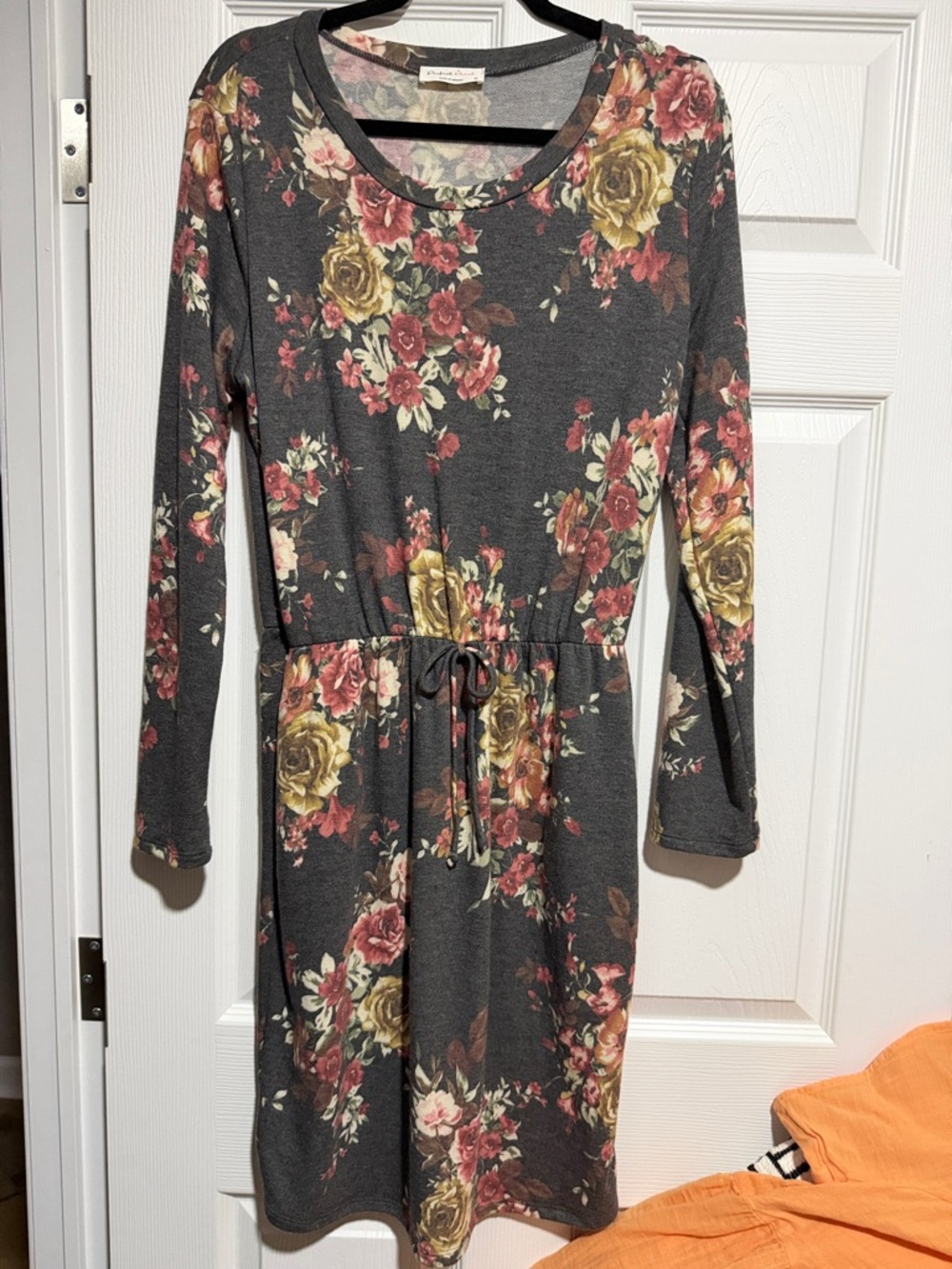 Floral Drawstring Waist Long Sleeve Dress - Charcoal